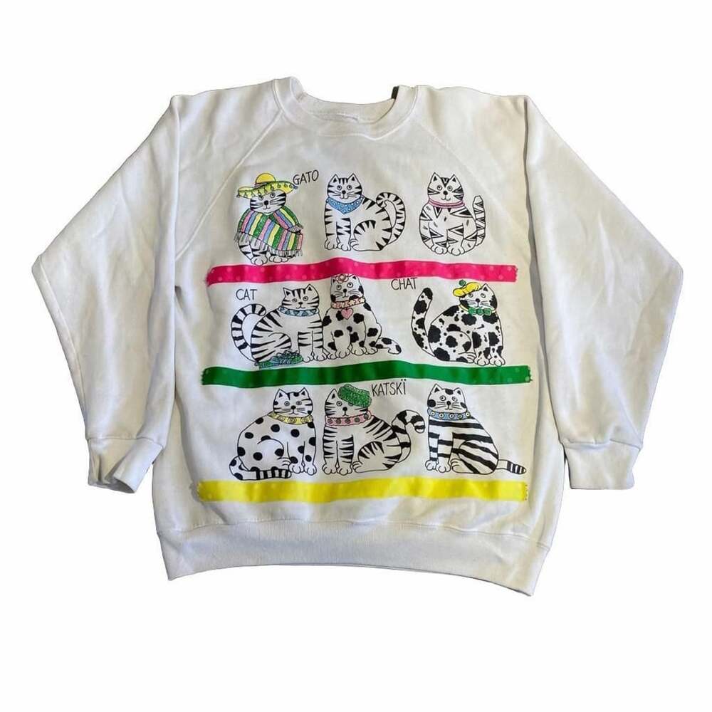 Vintage EZL Marcy N Me Cat Chat Gato Katski White Sweatshirt